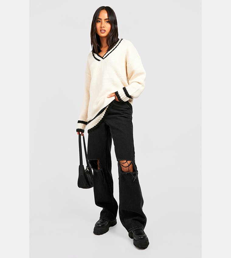 Buy Boohoo Deep V Neck Knitted Cricket Sweater In White