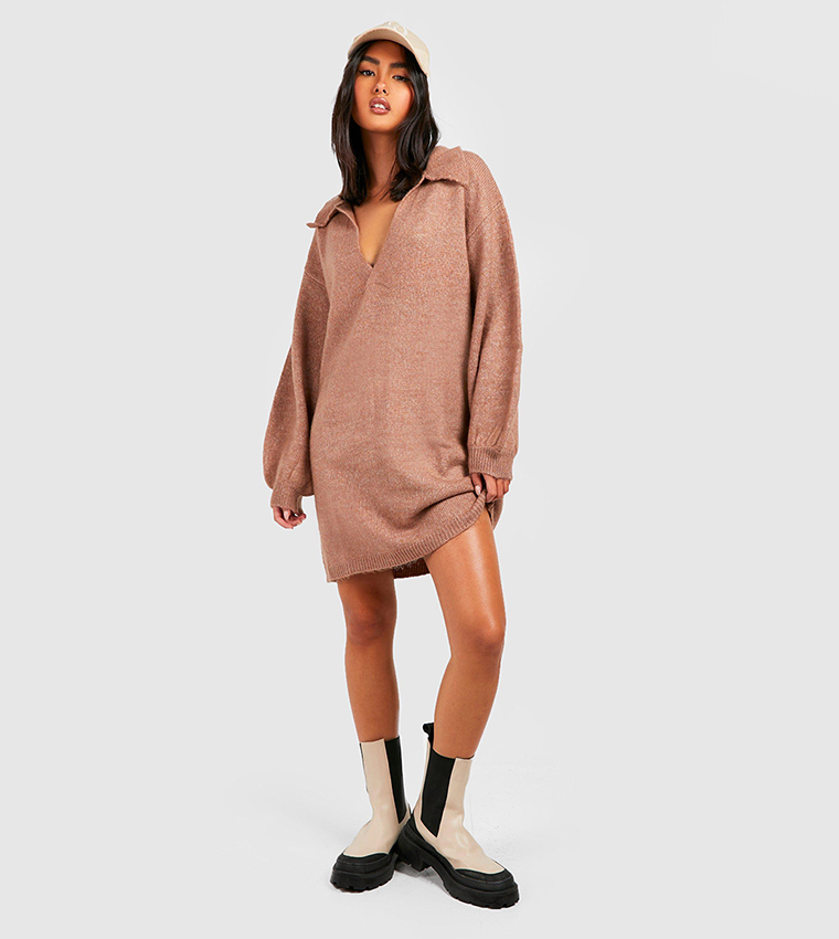 Buy Boohoo Polo Neck Oversized Knitted Sweater Dress In Beige 6thStreet Bahrain