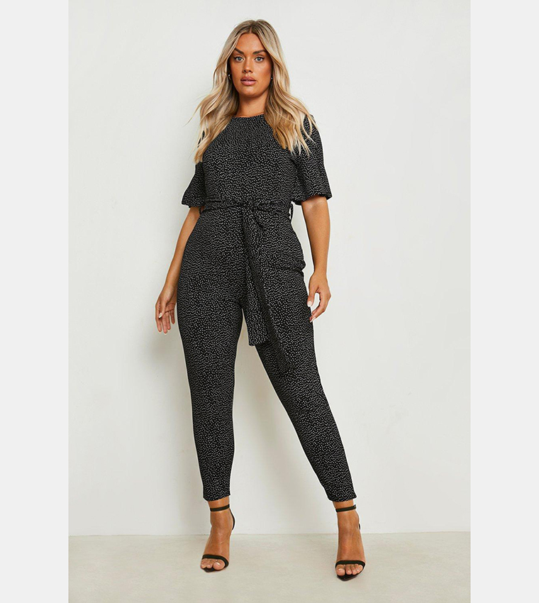 Buy Boohoo Spot Cape Sleeves Belted Jumpsuit In Black 6thStreet - Main Image
