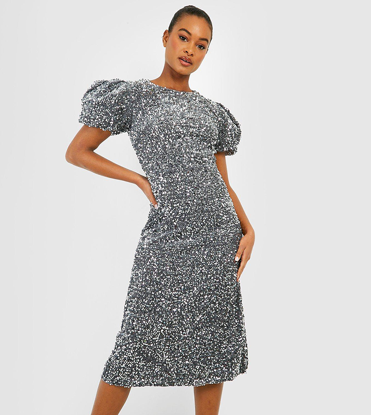 Buy Boohoo Tall Velvet Sequins Puff Sleeves Midi Dress In Grey