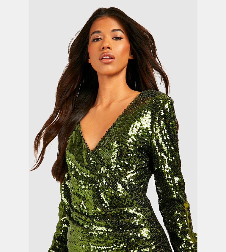 boohoo green sequin dress Maiah Emerald Green Sequin Maxi Dress - US 18