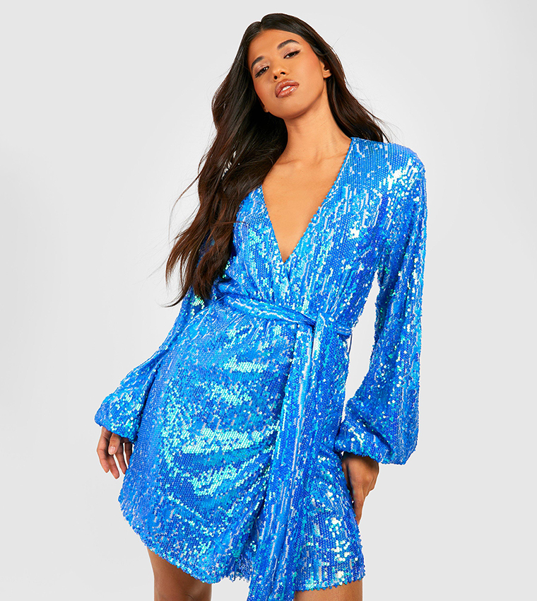 Buy Boohoo Tall Bright Wrap Over Sequins Dress In Blue | 6thstreet Bahrain