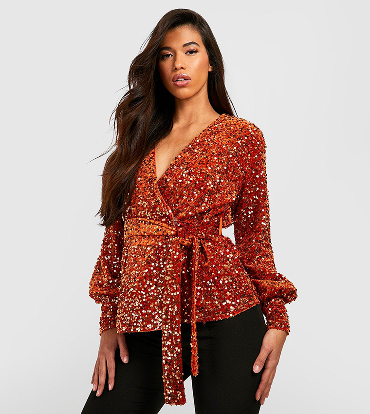 Buy Boohoo Tall Sequins Velvet Wrap Top In Orange 6thStreet UAE