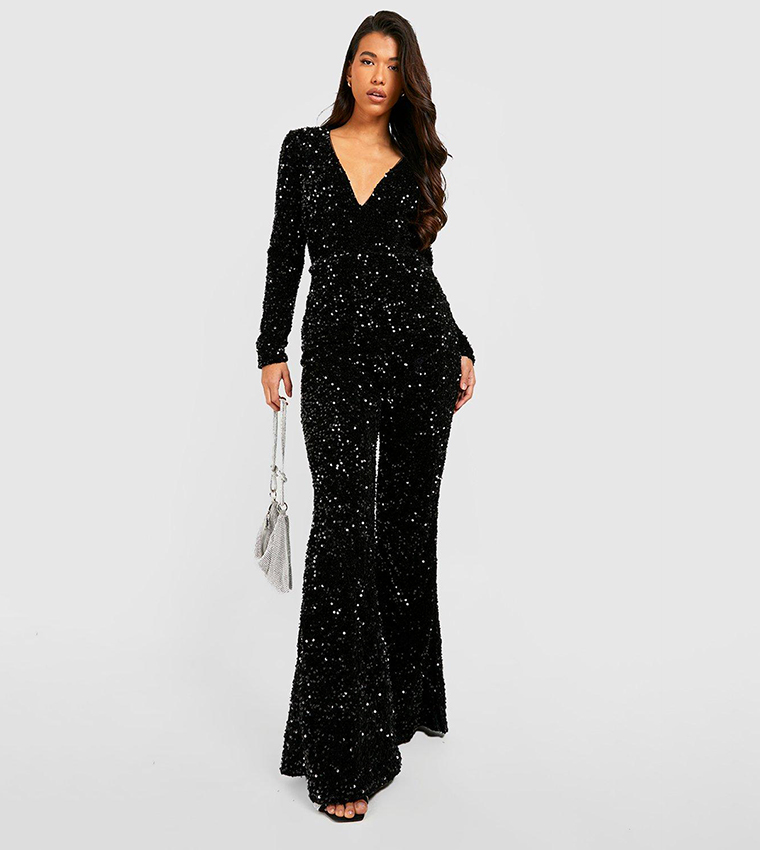 16154 Black Sequined Balloon Tulle Sleeve Jumpsuit