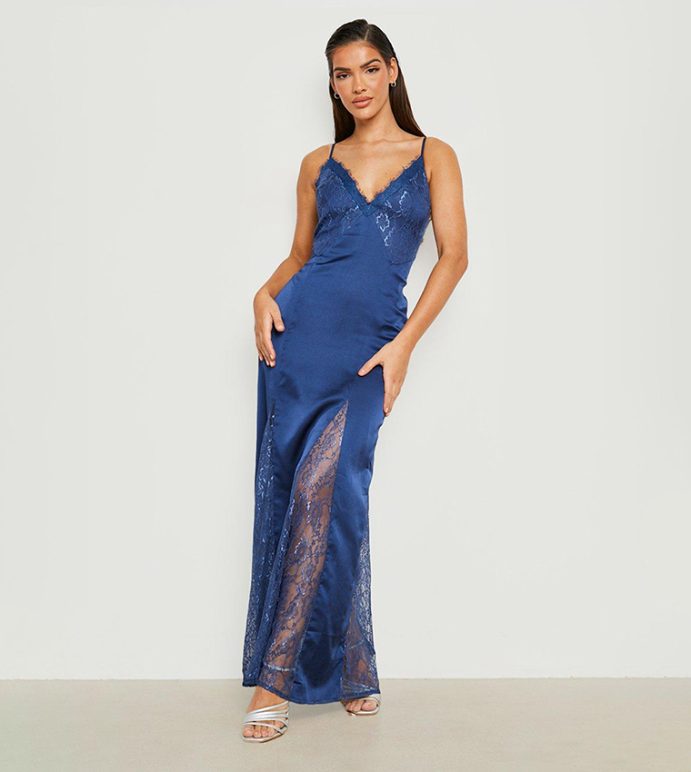 Buy Boohoo Satin Lace Mix Godet Maxi Dress In Navy | 6thstreet Bahrain