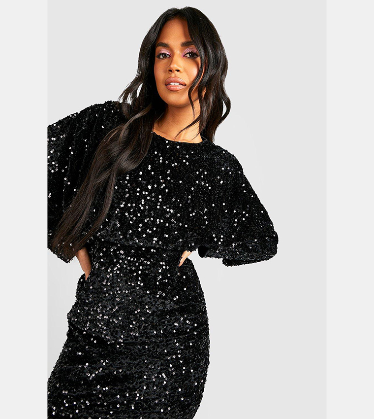 black sequin blouson dress Sequin Long Sleeve Blouson Evening Gown