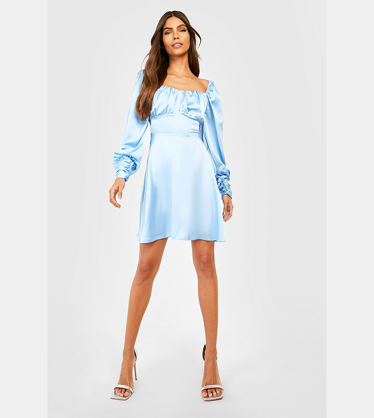 Buy Boohoo Satin Ruched Bust Skater Dress In Blue | 6thStreet Kuwait