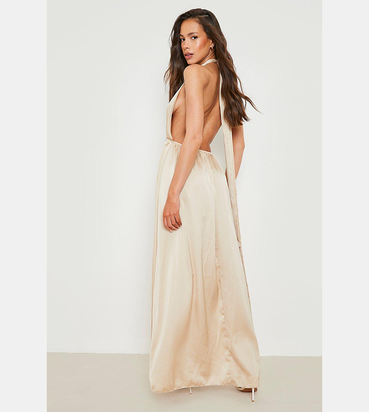 Buy Boohoo Satin Open Back Wrap Maxi Dress In Beige