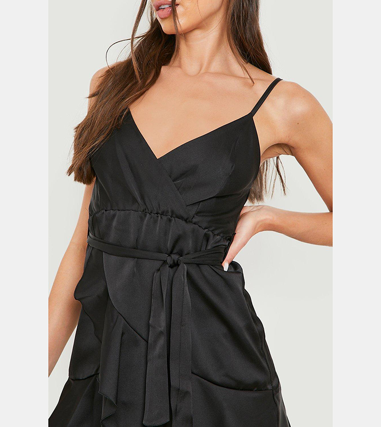Wrap Frill L S Satin Dress Red