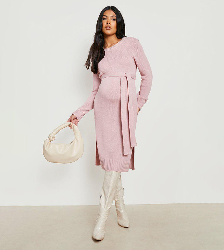 Buy Boohoo Maternity Crew Neck Jumper Midi Dress In Pink