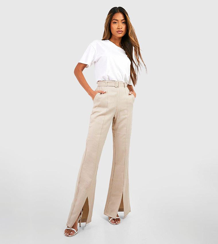 Buy Boohoo Belted Houndstooth Split Hem Tailored Flared Trousers
