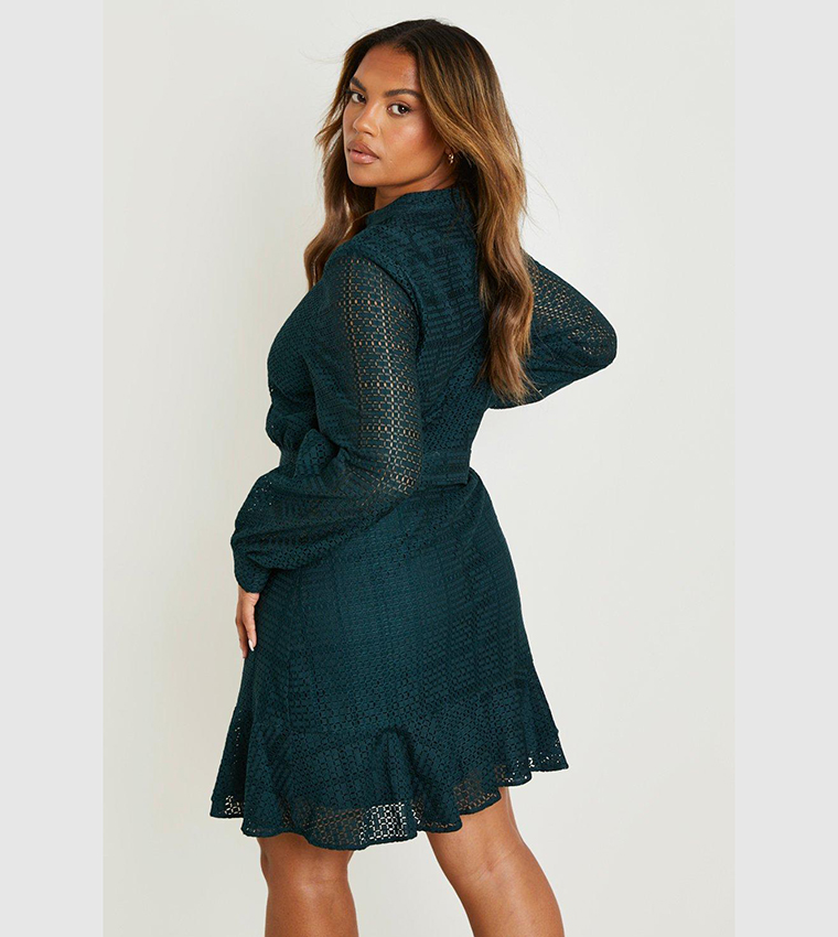 Buy Boohoo Plus Crochet Lace Keyhole Ruffle Skater Dress In Green 6thStreet Qatar