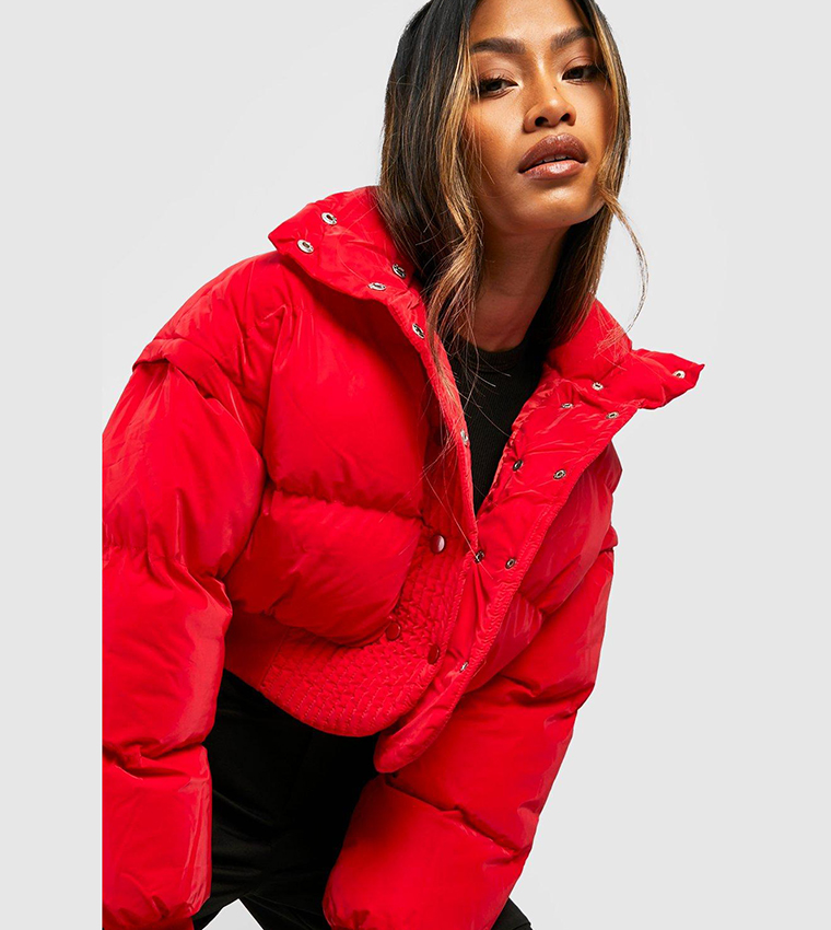 Buy Boohoo Detachable Sleeves Crop Puffer Jacket In Red
