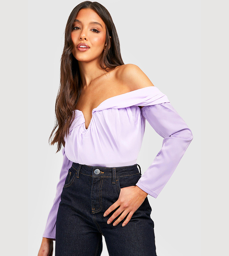 Buy Boohoo Chiffon Bardot Bodysuit Top In Purple 6thStreet Qatar