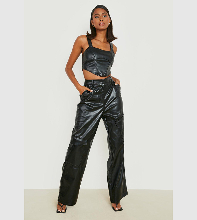 Women's Buckle Belted Leather Look Straight Fit Trousers | Boohoo UK