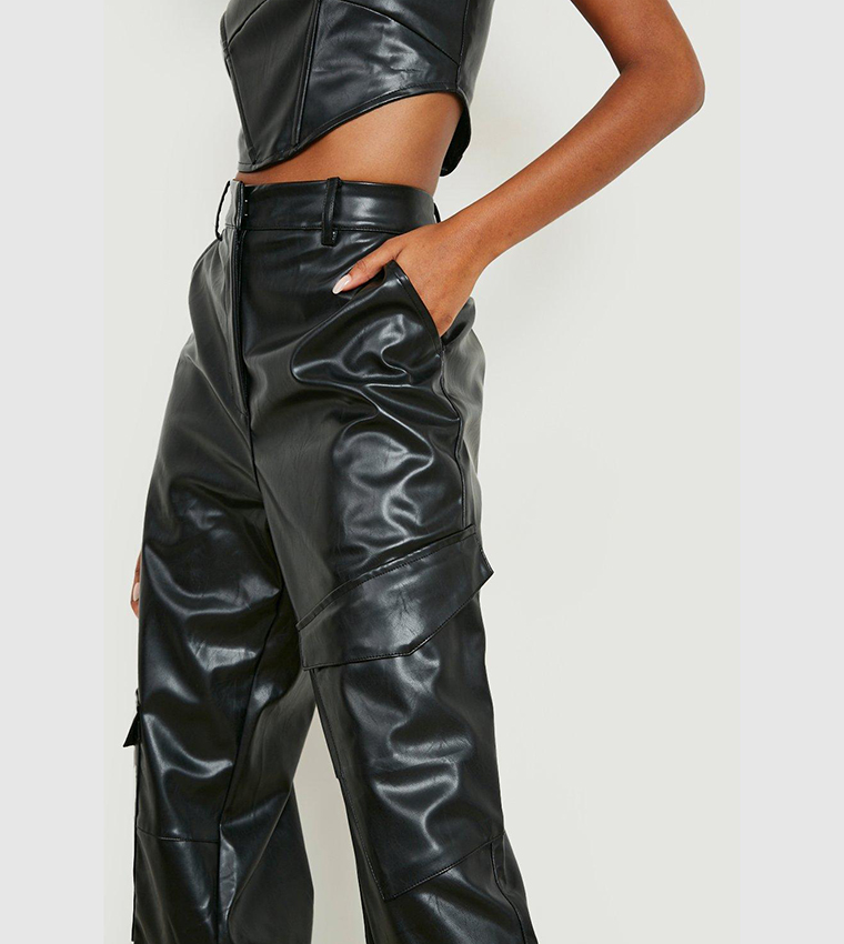 Leather Look Wide Leg Cargo Pants