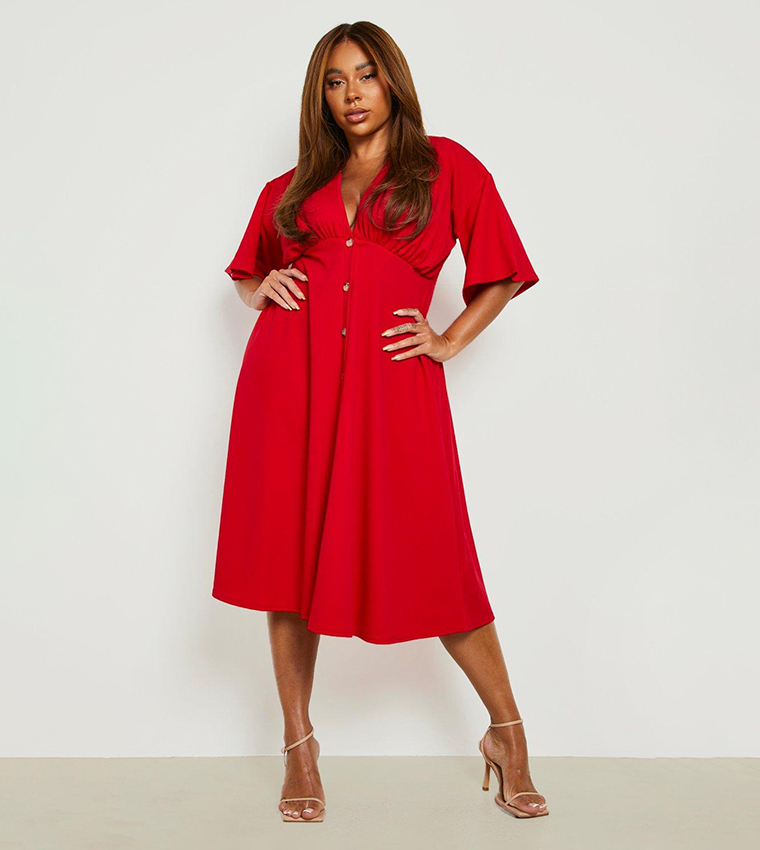 Buy Boohoo Plus Button Down Angel Sleeves Skater Dress In Red