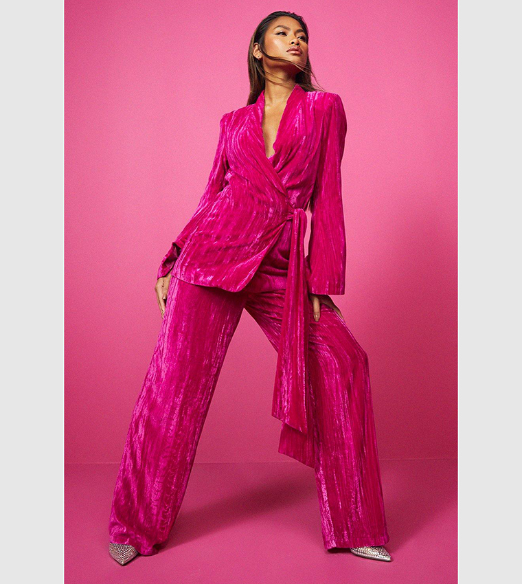 Buy Boohoo Crinkle Velvet Wide Leg Tailored Trousers In Pink 6thstreet Saudi Arabia 7795