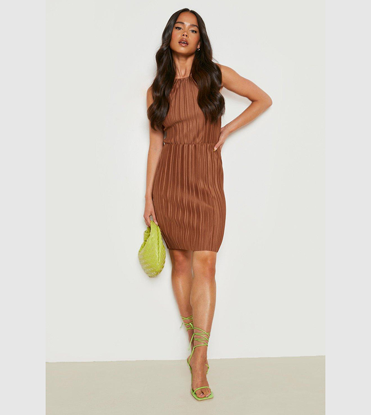Buy Boohoo Plisse Mini Dress In Brown | 6thStreet Kuwait