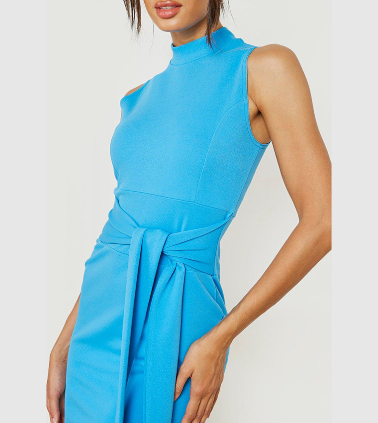 sachin and babi light blue dress Beige Tie Waist High Neck Knit Midi Dress