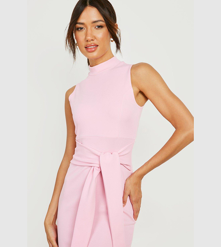 high neck tie waist midi dress Red High Neck Tie Waist Midi Dress  Continental Textiles
