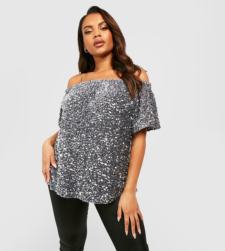 Buy Boohoo Bardot Sequined Smock Top In Silver 6thStreet Oman