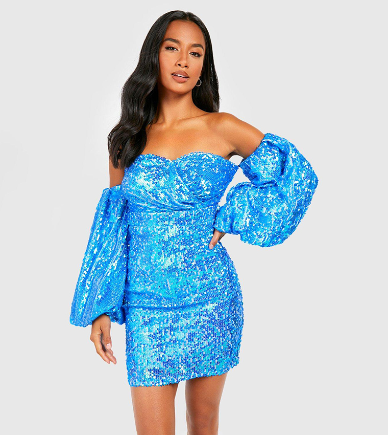boohoo blue sequin dress Buy Boohoo Sequin Volume Puff Sleeves Mini Dress In Blue