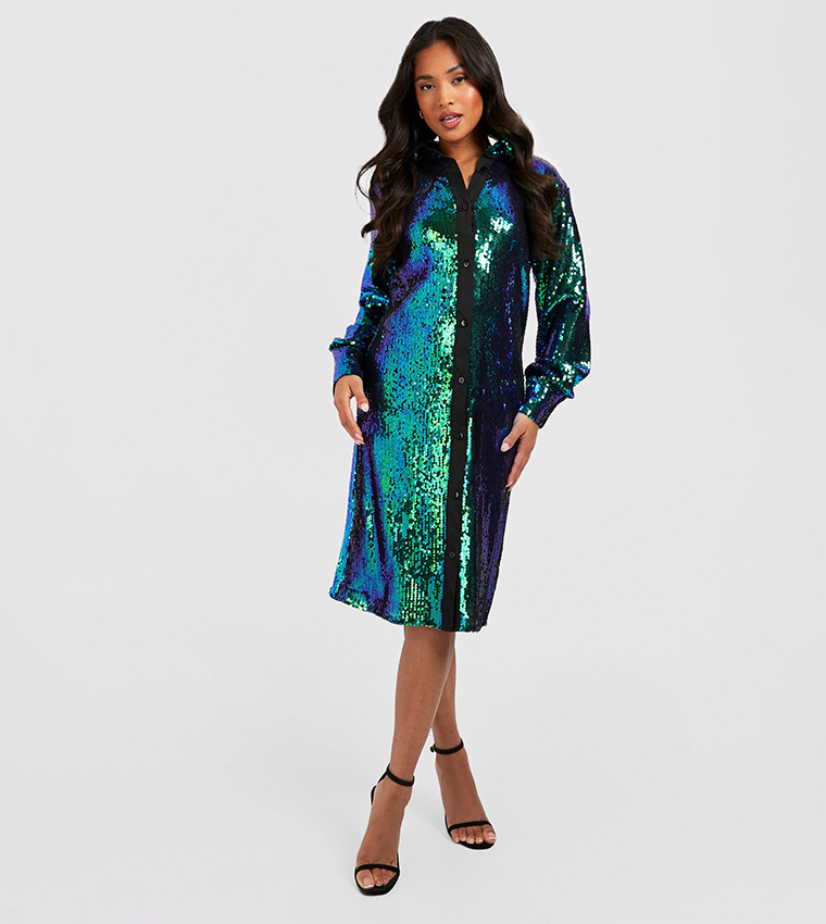 boohoo sequin shirt dress boohoo Women's Disc Sequin Blouson Shift Dress - Silver