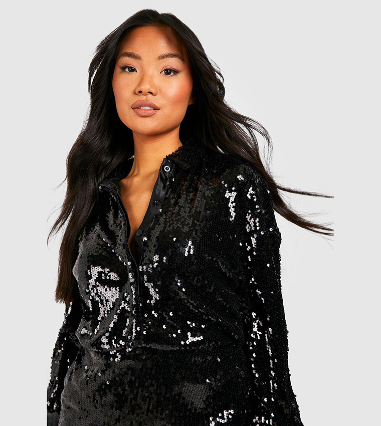 Buy Boohoo Sequin Shirt Dress In Black | 6thstreet UAE Buy Boohoo Sequin Shirt Dress In Black | 6thstreet UAE