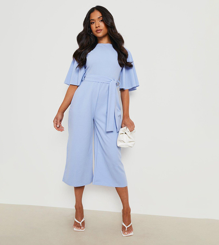 Buy Boohoo Angel Sleeves Belted Culotte Jumpsuit In Blue 6thstreet