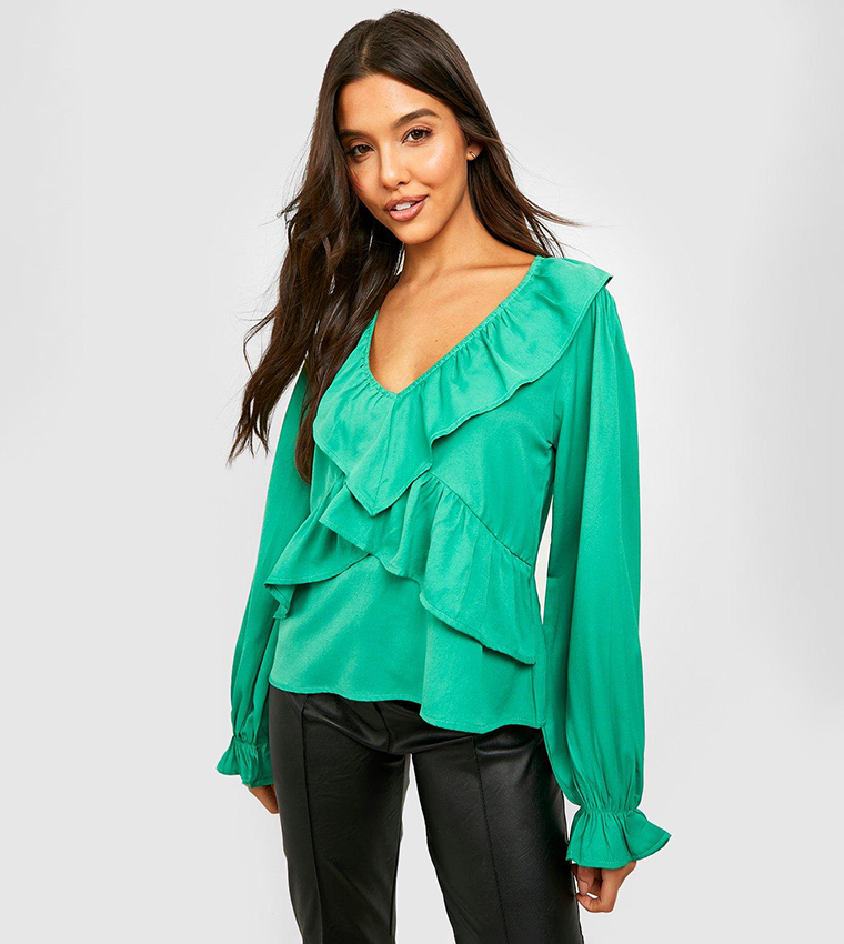 Buy Boohoo Woven Frill Detail Volume Sleeves Top In Green