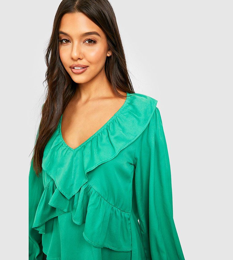 Buy Boohoo Woven Frill Detail Volume Sleeves Top In Green