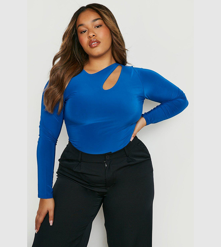 Buy Boohoo Plus Double Layer Cut Out Bodysuit Top In Blue