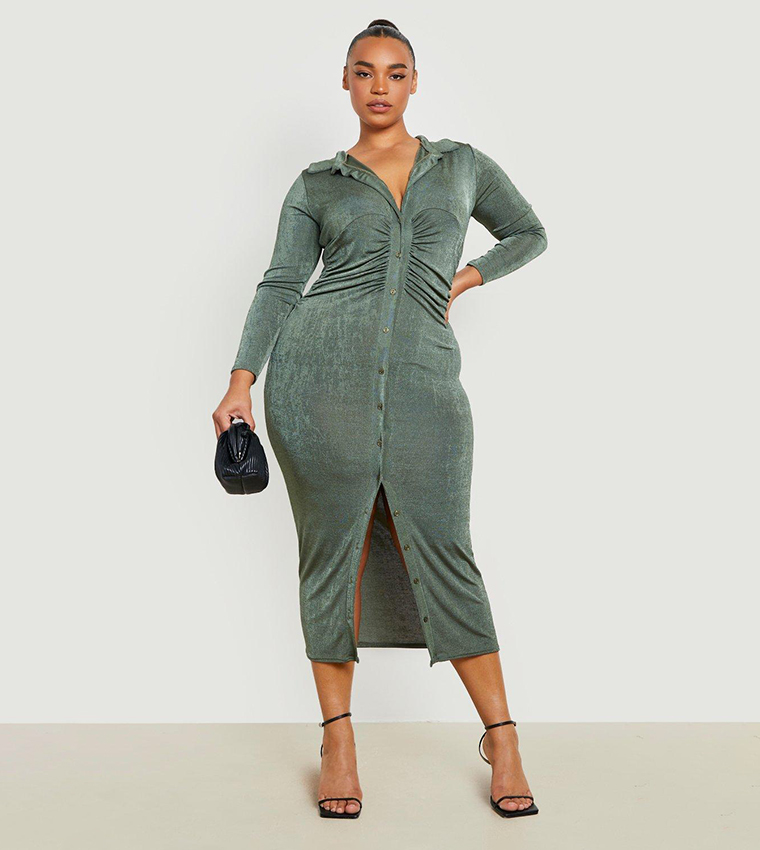 Buy Boohoo Plus Acetate Slinky Midaxi Shirt Dress In Khaki 6thStreet Kuwait