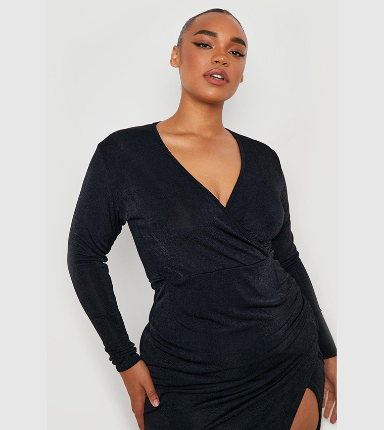 Buy Boohoo Plus Acetate Slinky Wrap Midi Dress In Black