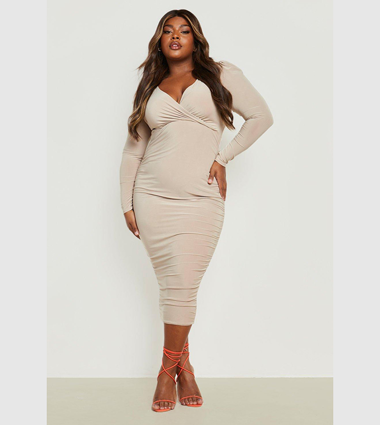 Buy Boohoo Plus Double Layer Wrap Midi Dress In Beige 6thStreet Kuwait