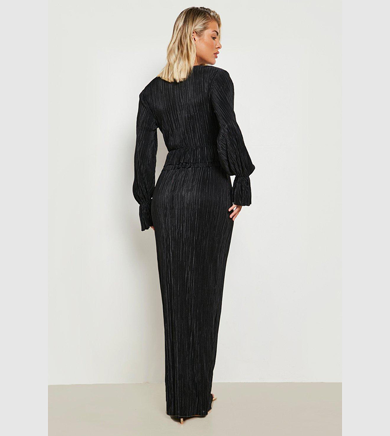 aztec print long sleeve dress Wholesale Women's Puff Long Sleeve Aztec Print Ruched Slit Slinky Long
