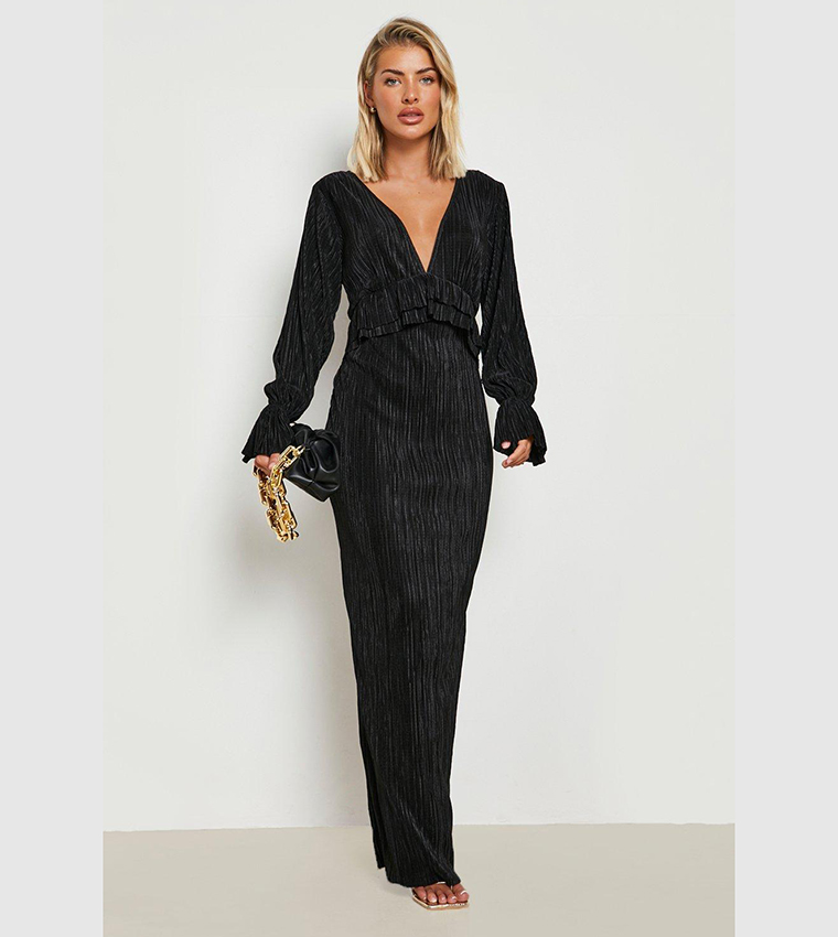 plisse long sleeve ruffle detail maxi dress Buy Boohoo Plisse Long Sleeves Ruffle Detail Maxi Dress In Black