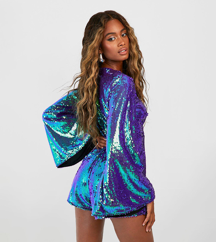 Boohoo Blouson Sleeve Wrap Front Sequin Playsuit in Purple