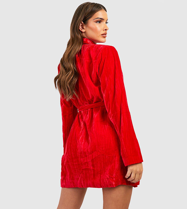 Buy Boohoo Velvet Tie Waist Blazer Party Dress In Red | 6thStreet Oman