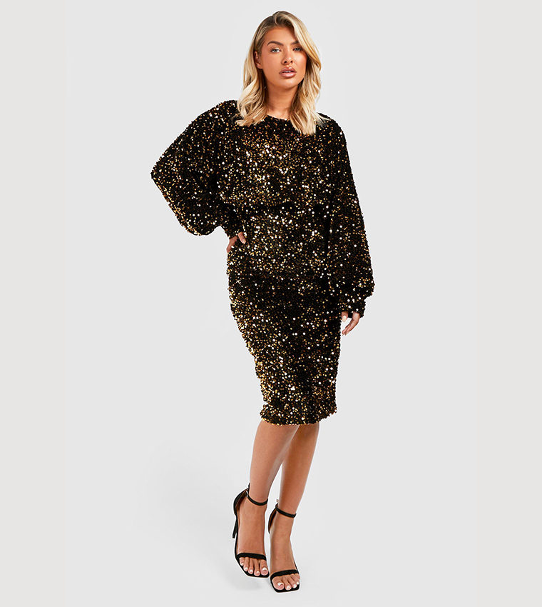 boohoo open back sequin dress Petite Sequin Shoulder Pad Backless Midi Dress