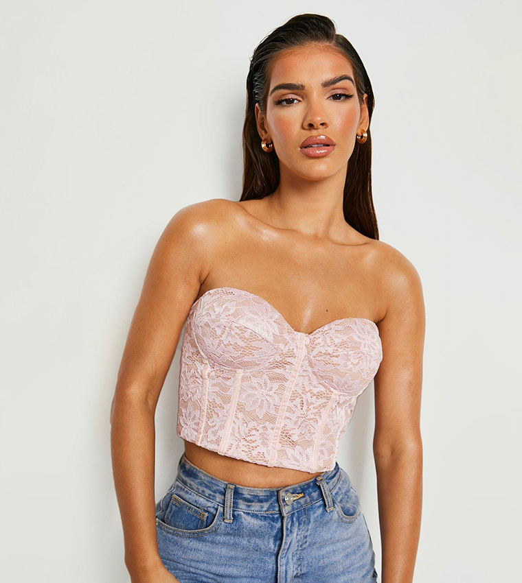 Buy Boohoo Strapless Lace Corset Top In Pink