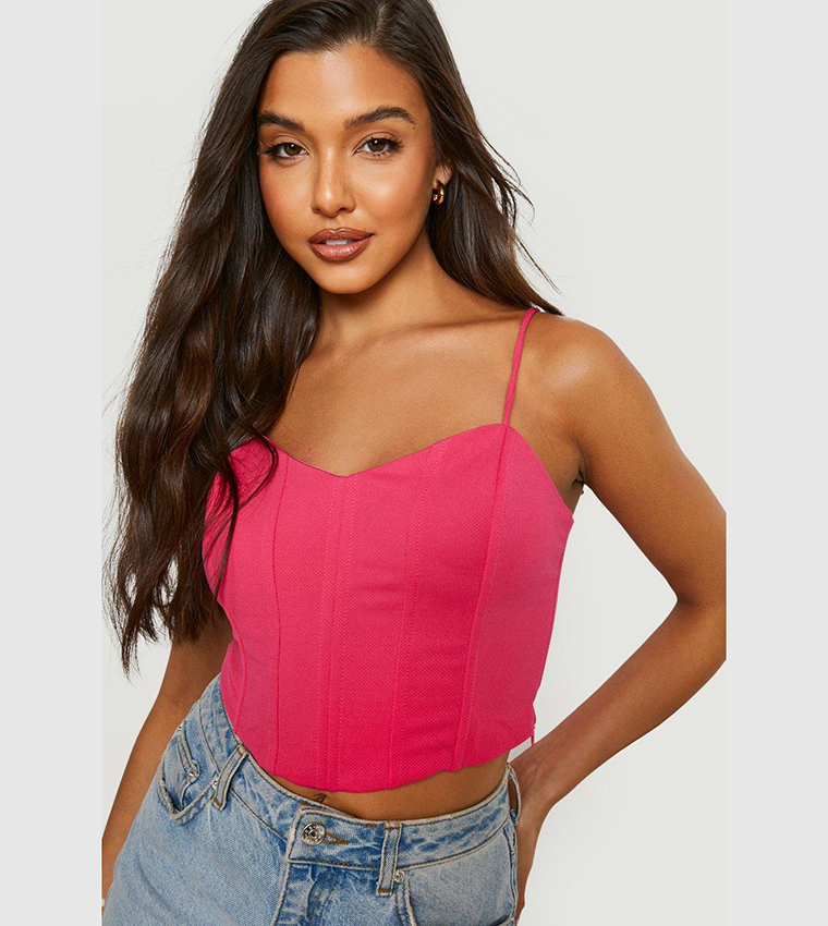 Pink Strappy Pleated Bust Corset Detail Crop Top