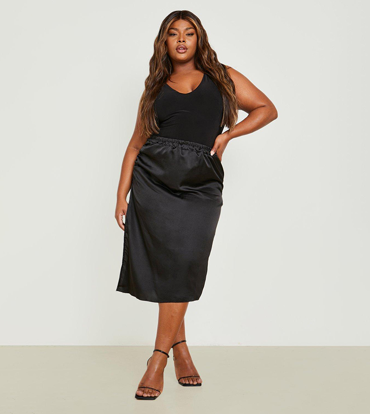 Plus Satin Ruched Midi Skirt