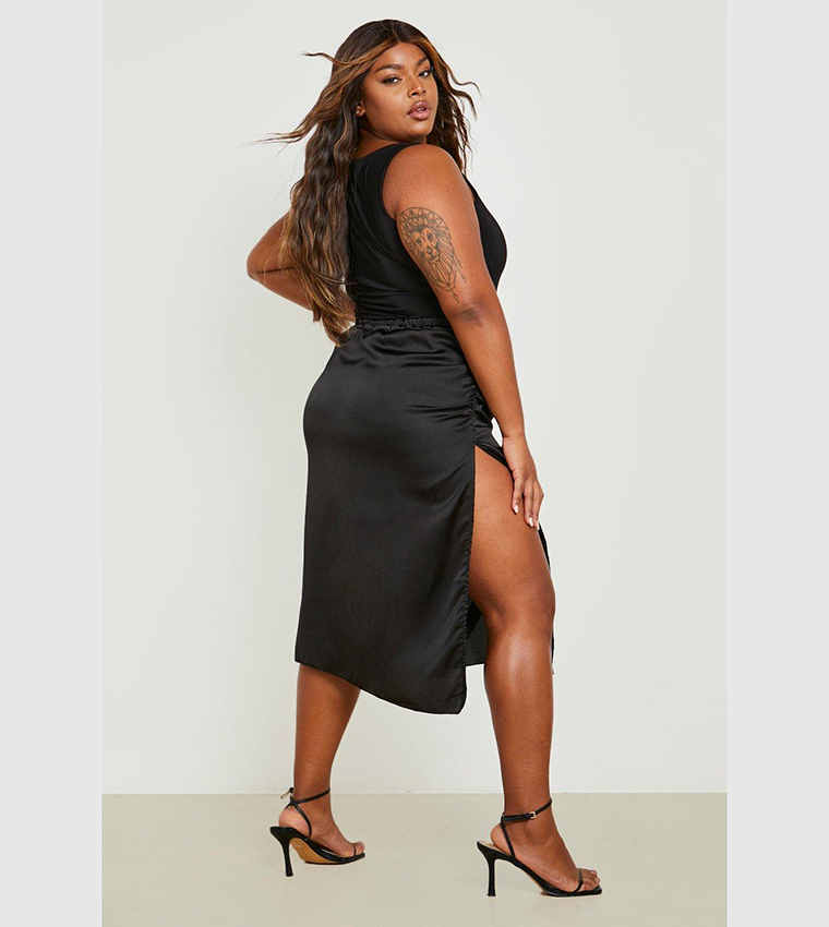 Plus Satin Ruched Midi Skirt