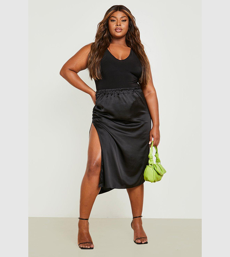 Plus Satin Ruched Midi Skirt