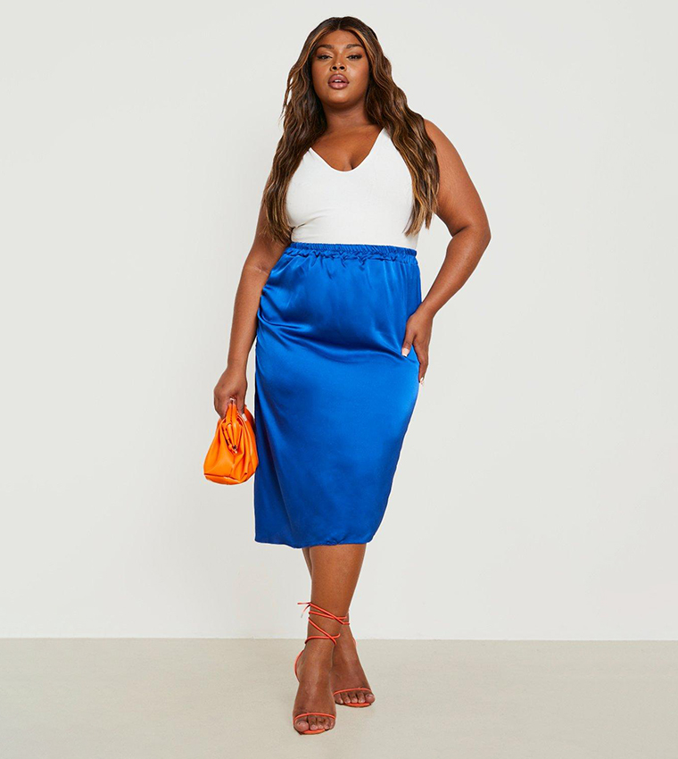 Buy Boohoo Plus Satin Ruched Midi Skirt In Blue 6thStreet Oman