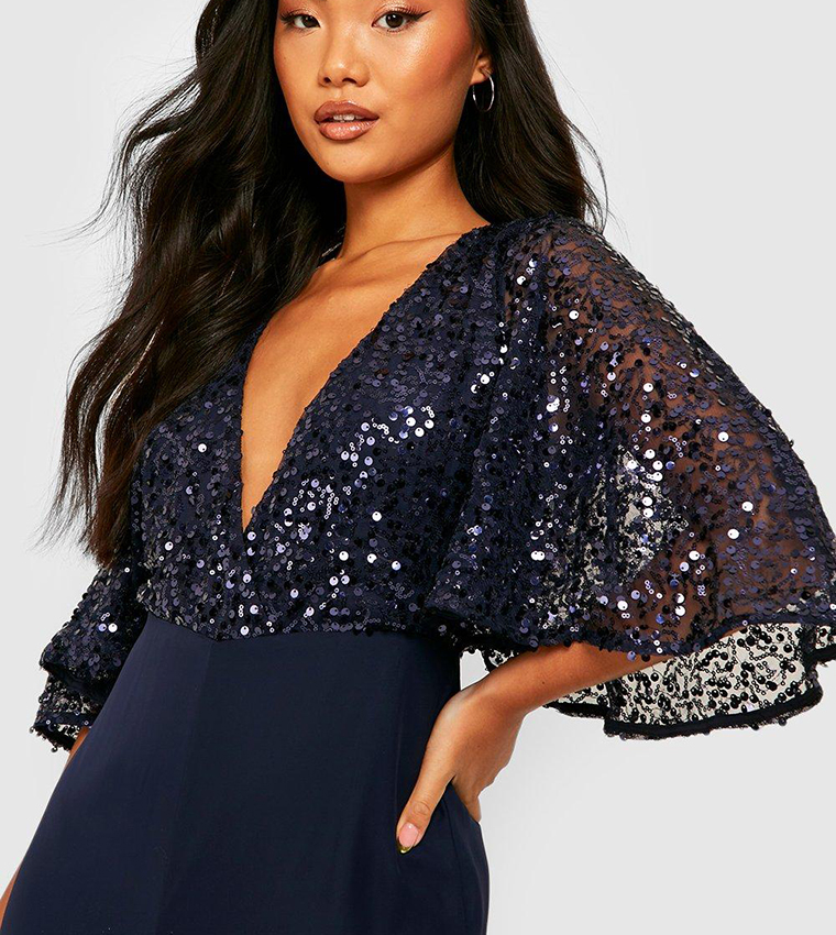 Flare Sleeve Boohoo Blue Playsuit Bardot Off The Shoulder Long