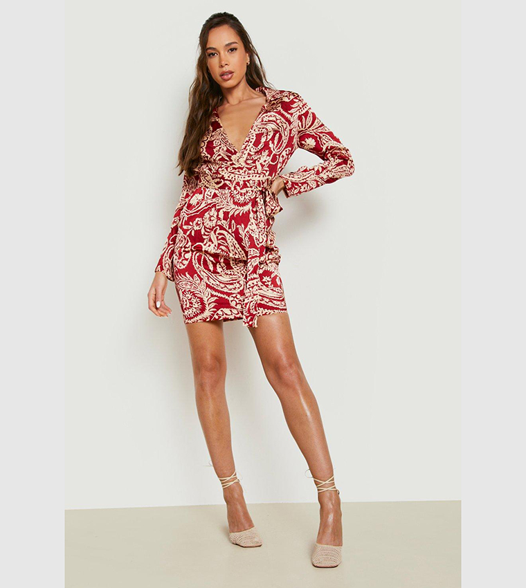 boohoo paisley shirt dress Chocolate Paisley Print Long Sleeve Maxi Dress