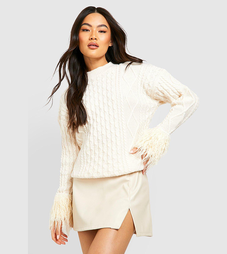 Buy Boohoo Cable Knit Faux Fur Cuff Jumper In White 6thStreet Bahrain